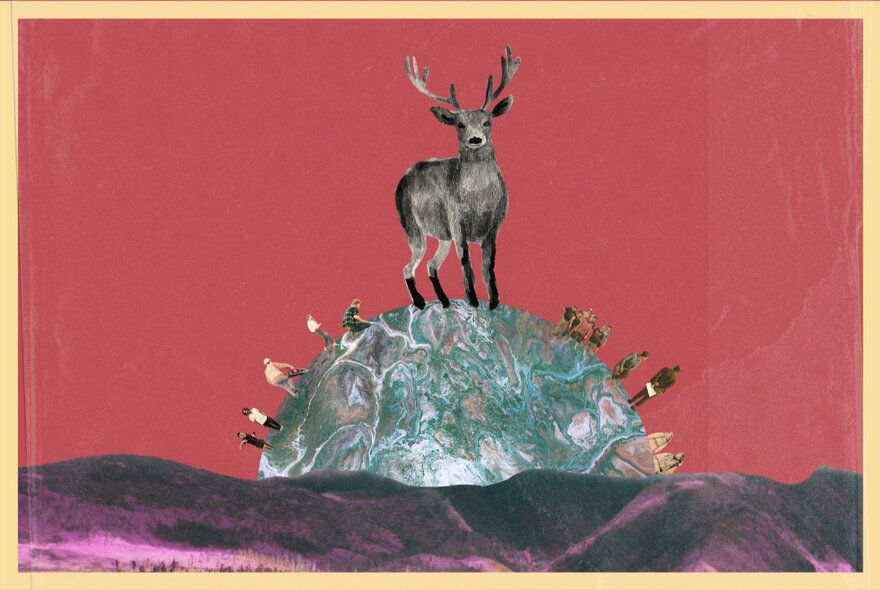 A graphic artwork showing a deer and smaller people standing on a half circle representing the earth.
