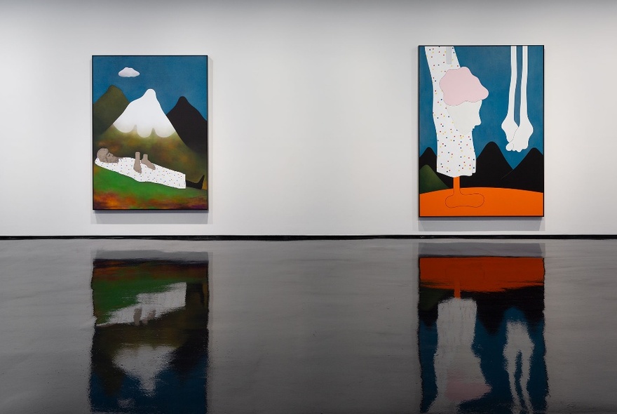 Two bright abstract paintings hanging on a white gallery wall, reflected in the shiny black gallery floor.