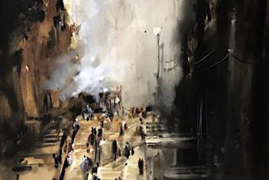 Impressionist painting of figures ascending a staircase.