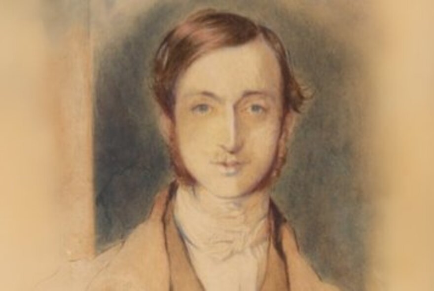 A vintage coloured sketch dating from the 19th century, of a man wearing a white shirt with necktie, a jacket and with glossy brown hair and sideburns.