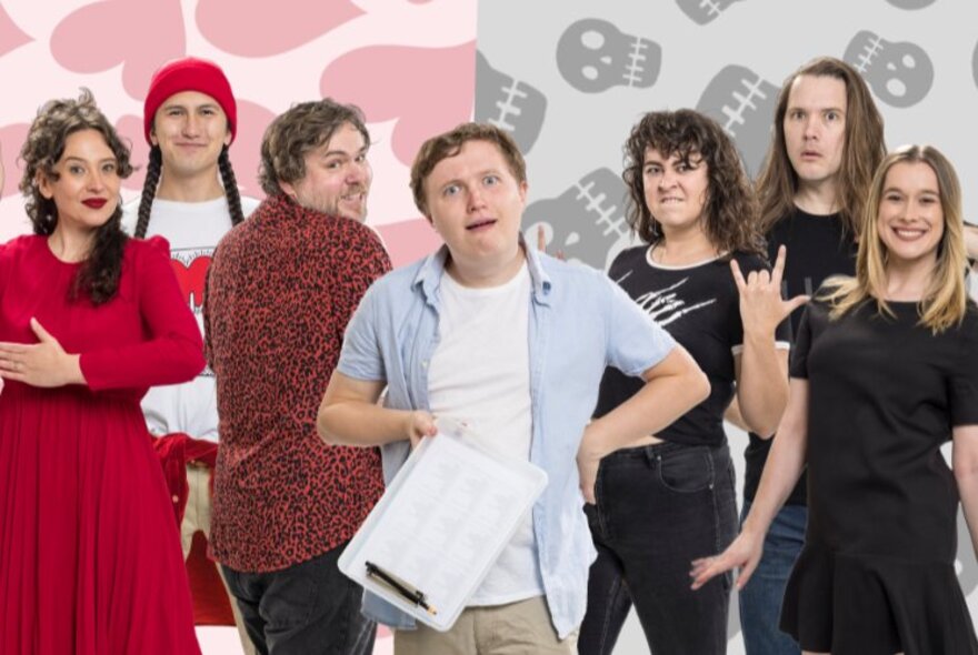 A group of seven performers - a red team, a black team and a neutral person in the middle with a clipboard. 