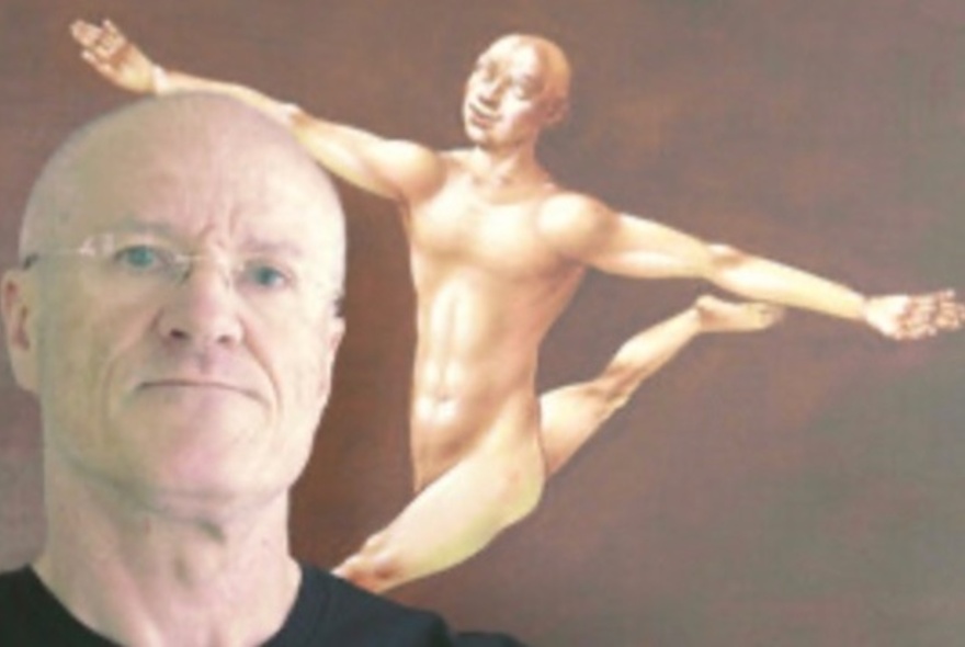 Artist's face next to his artwork of a dancing naked figure.