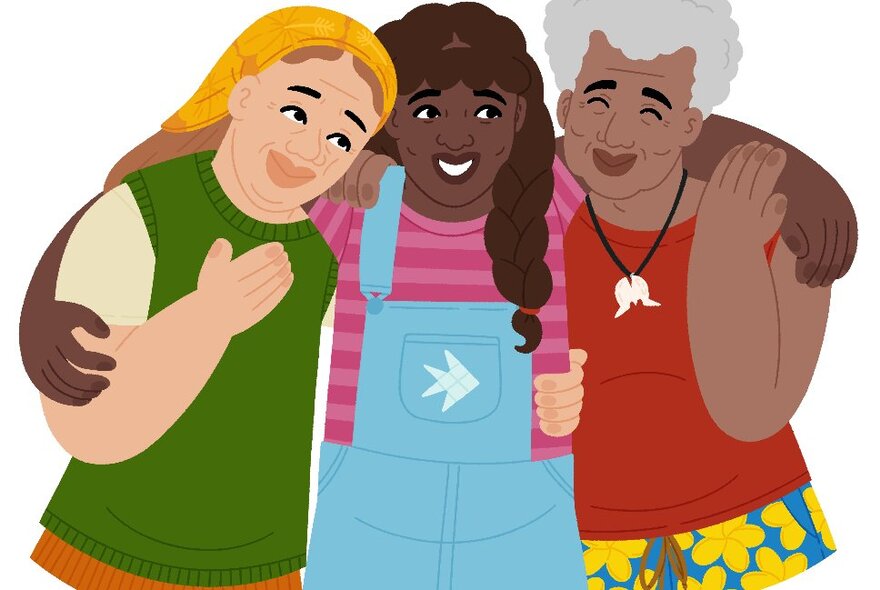 Cartoon illustration of three friends leaning in to each other and smiling, the centre person has their arms around the shoulders of the other two.  