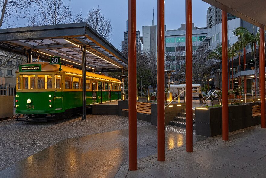 The heritage Melbourne Tram cafe, parked in an outdoor cafe setting.