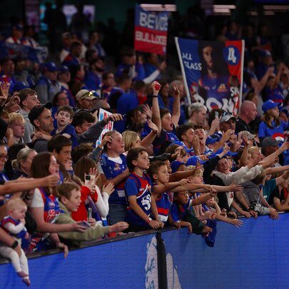 Western Bulldogs fans in the crowd with arms out. 