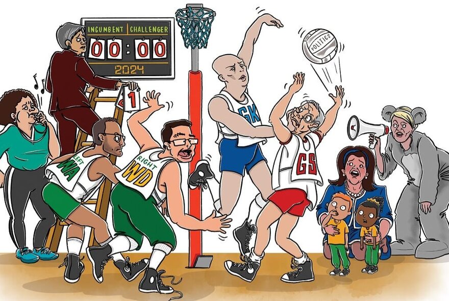 A chaotic cartoon of various sports people shooting for goal on a netball court, a scoreboard in the background and people watching.