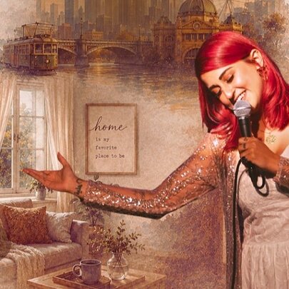 Performer singing into a microphone, superimposed over images of home: a sofa, violin, window with curtains and plaque.
