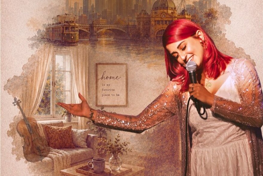 Performer singing into a microphone, superimposed over images of home: a sofa, violin, window with curtains and plaque.
