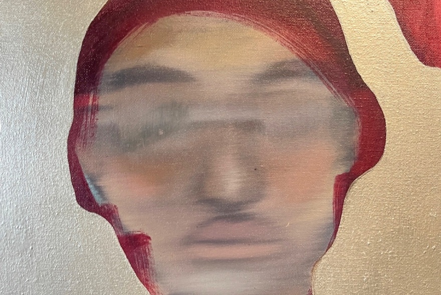 An oil painting of a blurred face.
