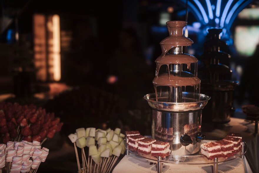 A chocolate fountain with a selection of delicious treats ready to be dipped.