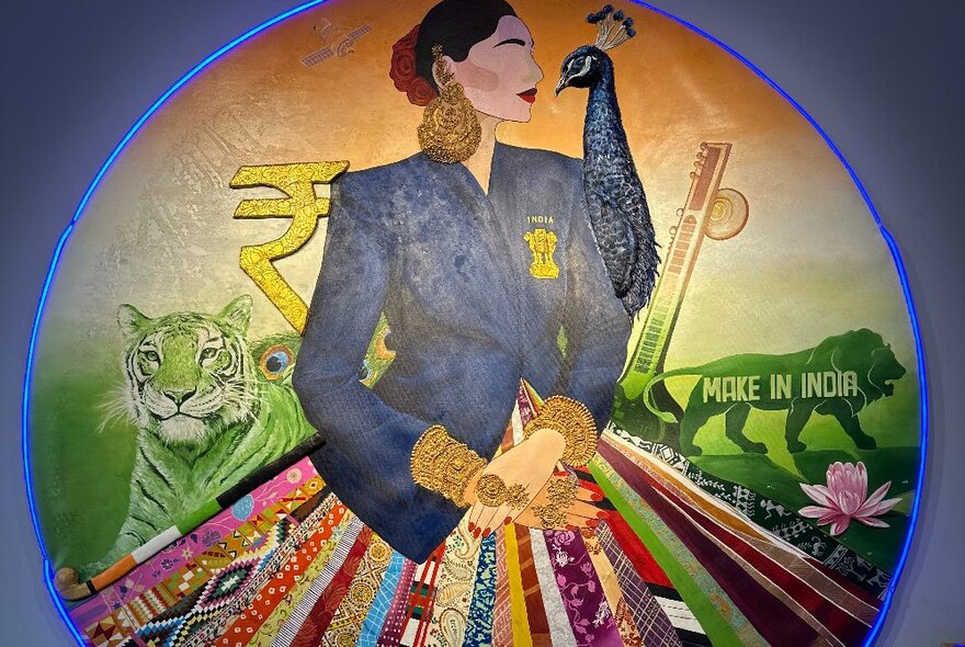 A collage artwork depicting an Indian woman in a blue jacket and colourful skirt with a tiger and a peacock behind her.