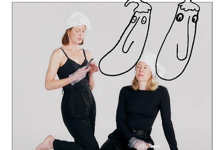 Two female performers wearing all black with white chefs hats and clear plastic gloves, against a white background overlaid with two hand drawn cartoon vegetable characters.