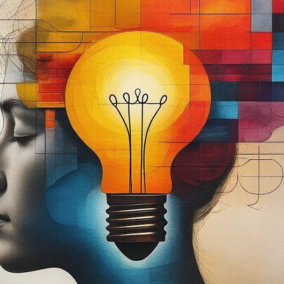 Artwork depicting a woman's head in profile with a light bulb over her brain area.