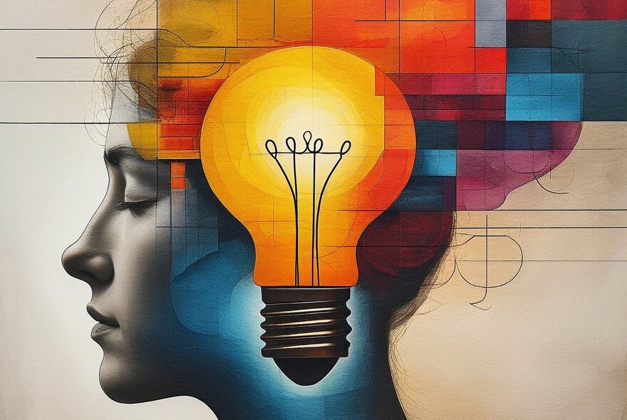 Artwork depicting a woman's head in profile with a light bulb over her brain area.