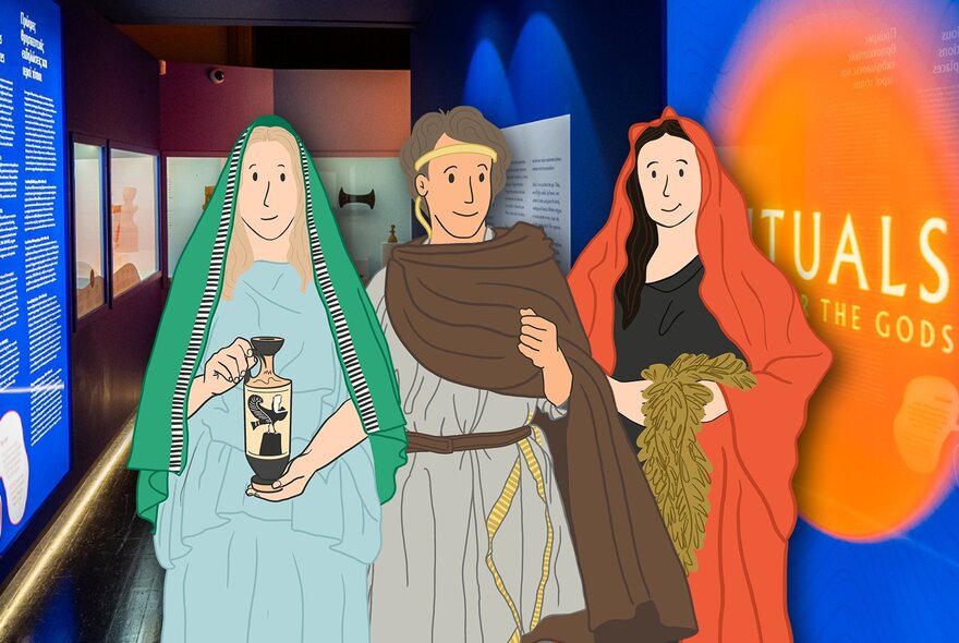 Installation view of an exhibition at Hellenic Museum in Melbourne, overlaid with an illustration of three figures in Ancient Greek dress.