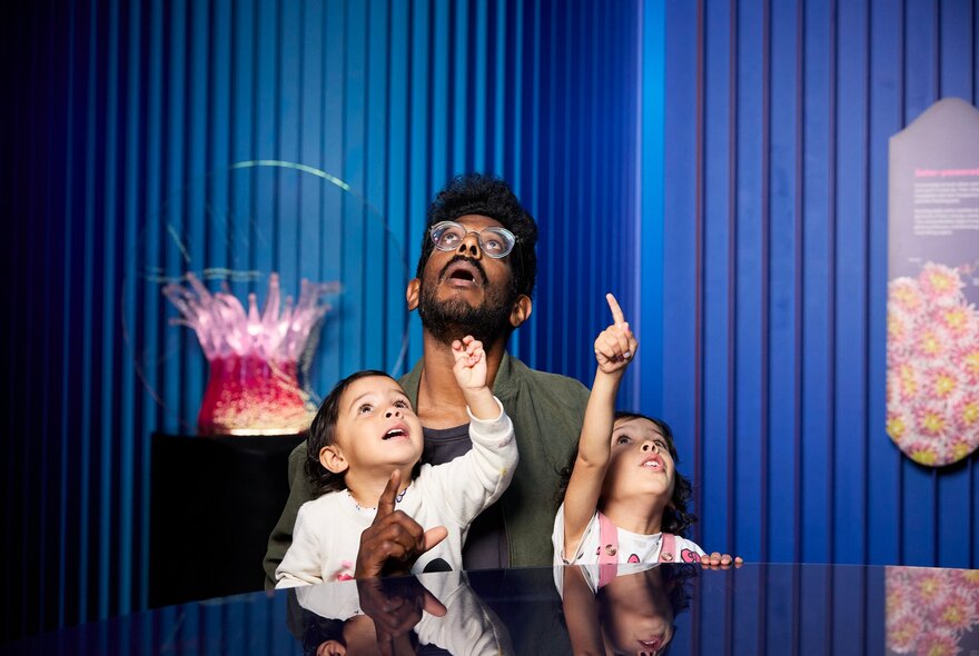 A family exploring an interactive exhibition display, looking upward with expressions of wonder in a brightly lit, vividly coloured Melbourne Museum space.