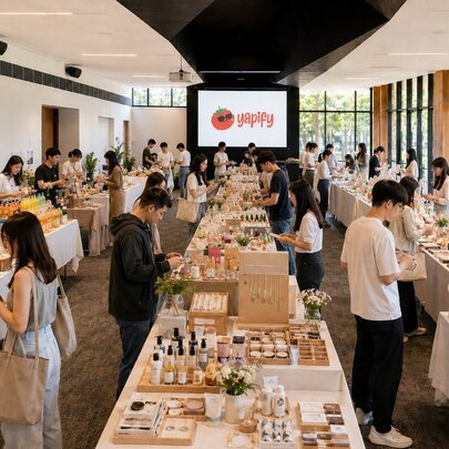 A busy indoor craft and artisan market featuring multiple vendor tables displaying assorted goods under bright lighting in a large spacious room.