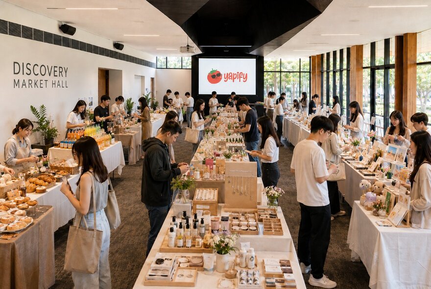 A busy indoor craft and artisan market featuring multiple vendor tables displaying assorted goods under bright lighting in a large spacious room.