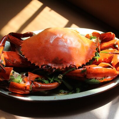 A plate with a large crab dish.