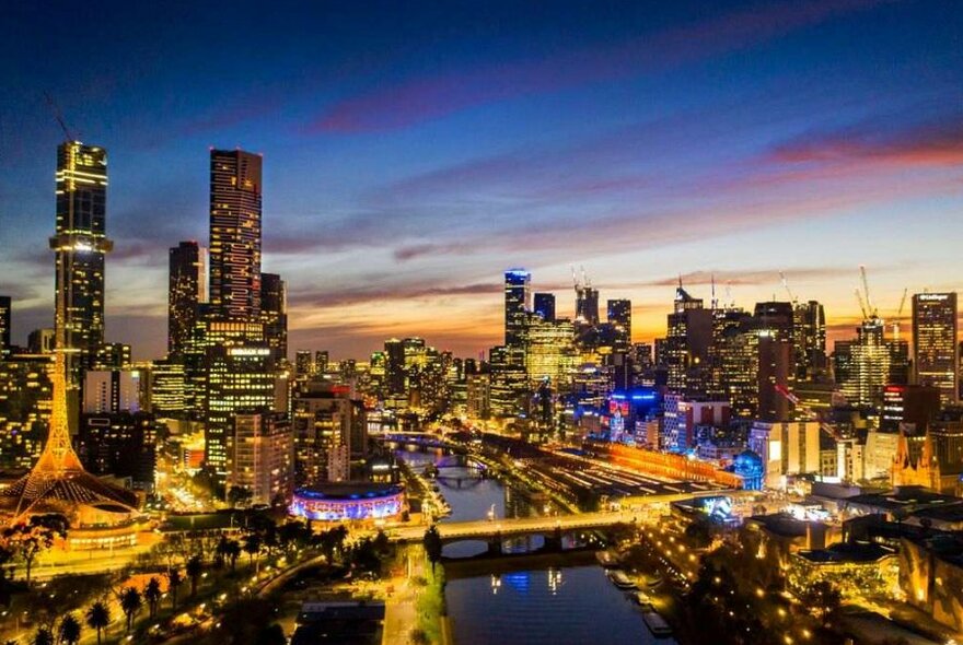 A city skyline at night