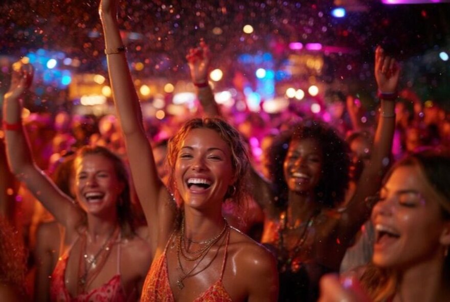 Dance partygoers smiling and waving their arms in a disco.