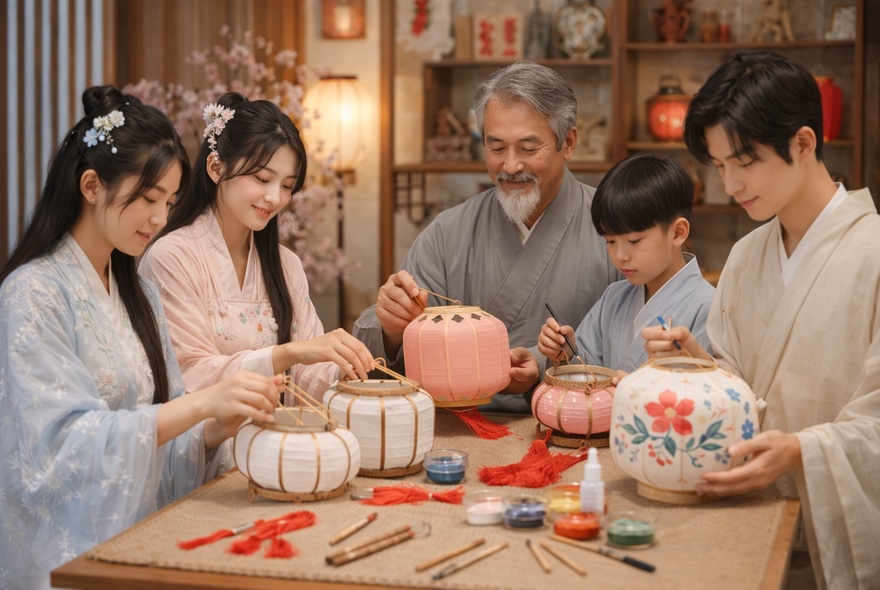 A family wearing traditional Chinese robes, standing around a craft table with tools, paint and glue making paper lanterns.