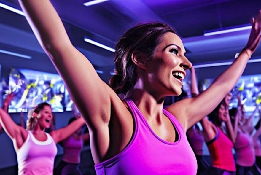 Woman exercising wearing a pink top, other exercisers in the background with arms raised.