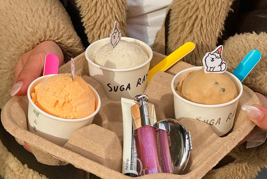 Three cups of plant-based gelato in a cardboard takeaway tray.