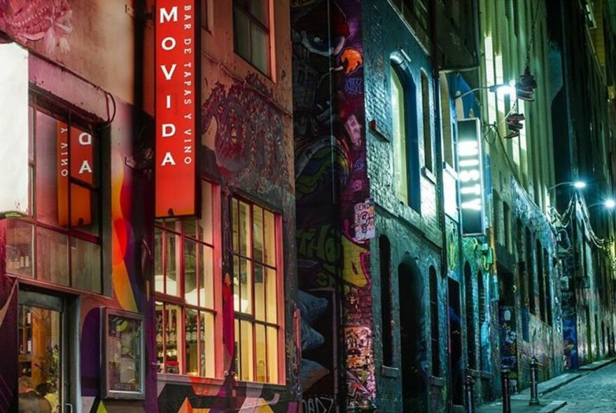 Night view of the exterior on MoVida in Hosier Lane.