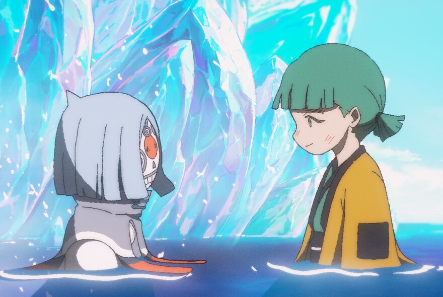 A still image from an animated film showing two people chest-deep in water near an iceberg. 