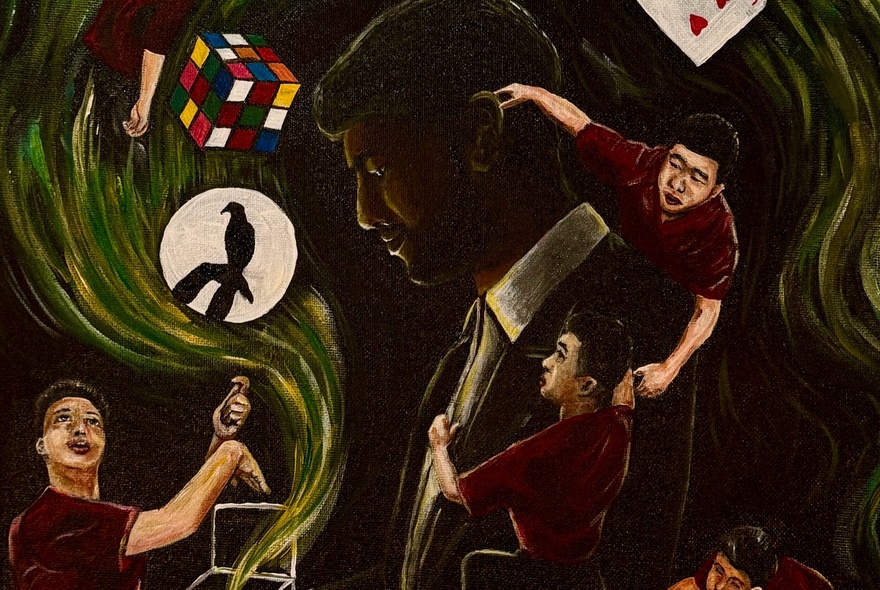 Drawing of people floating through a dark space, as well as a Rubik's cube, a playing card, and a shadow puppet.