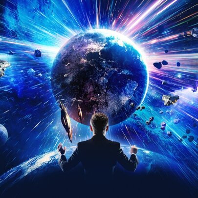 The back of a man conducting in front a large galactic scene with a central planet, meteors and spacecraft. 