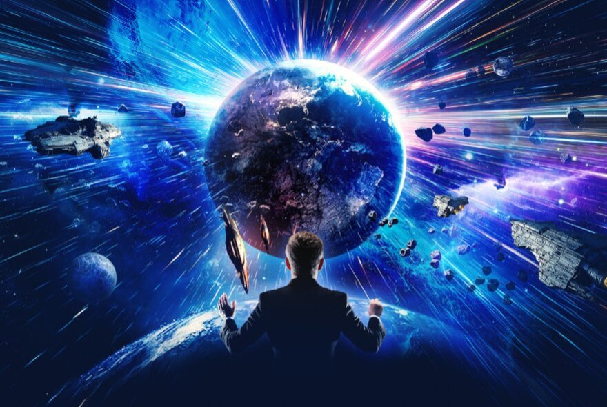 The back of a man conducting in front a large galactic scene with a central planet, meteors and spacecraft. 