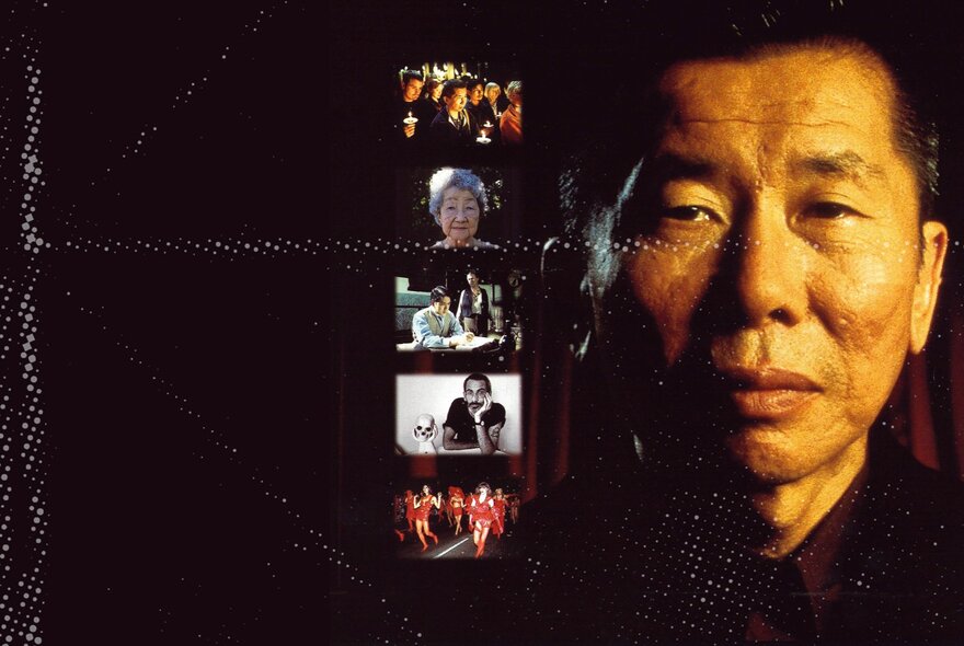 A man of Chinese heritage alongside small pictures of Asian films. 