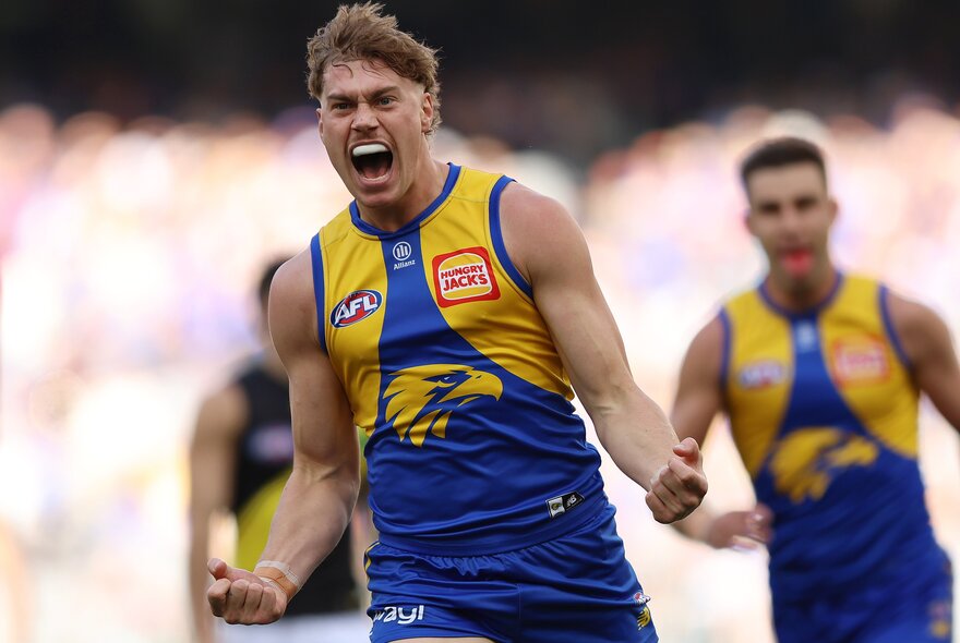 Two West Coast Eagles AFL players cheering after scoring on the football field.