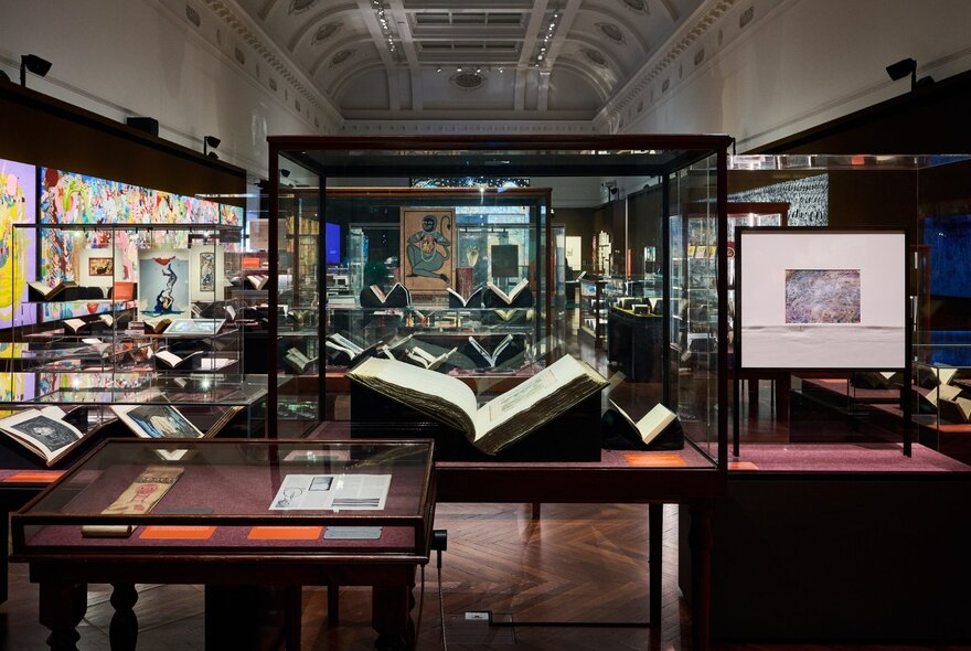 Exhibition space with glass cases in the State Library of Victoria.