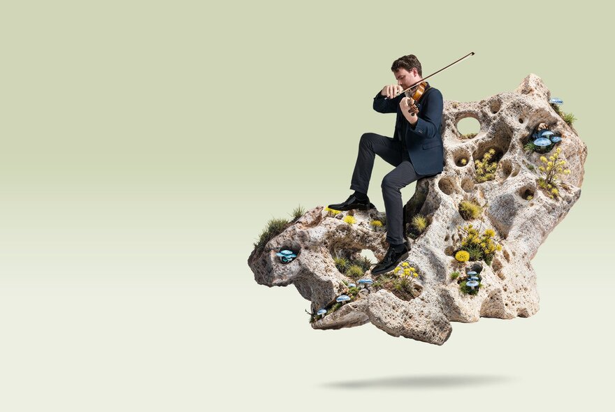 A violinist dressed in black, performing on a floating, textured rock formation adorned with small plants, against a pale background.