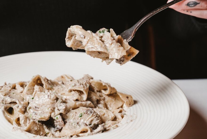 A hand holding a forkful of pasta over a white bowl of pasta.