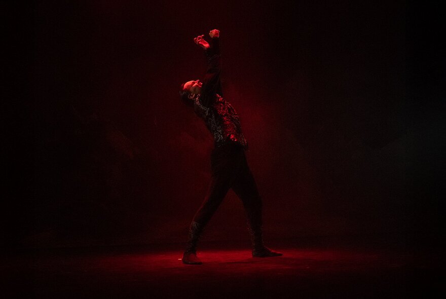Dark image of a Dracula figure lit with red light on stage.