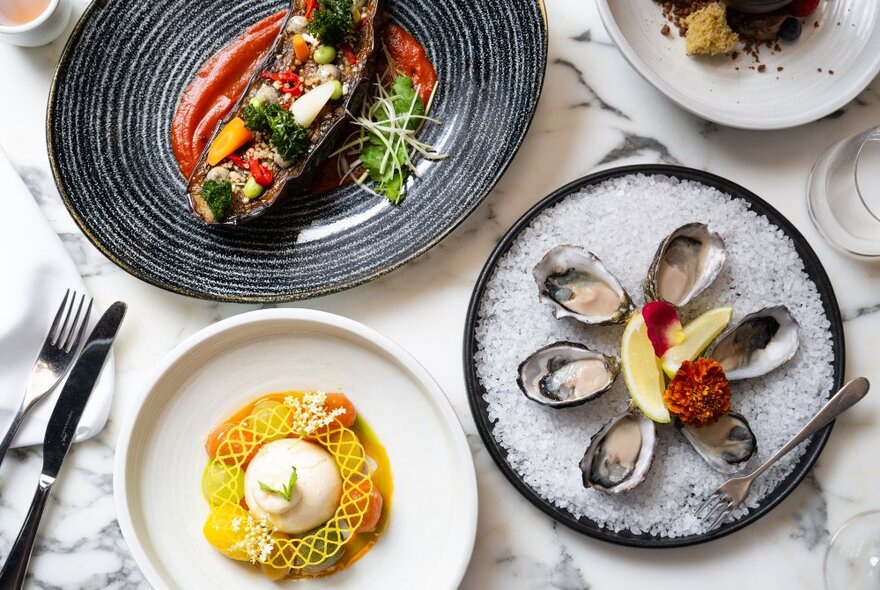 Restaurant dishes of food on a marble table including oysters with lemon.