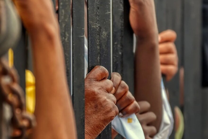 Entreating hands reaching through a fence holding fabric.