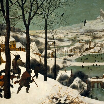 A painting called The Hunters in the Snow by Pieter Bruegel the Elder dating from 1565, depicting a snowy winter landscape with hunters returning from a trip.