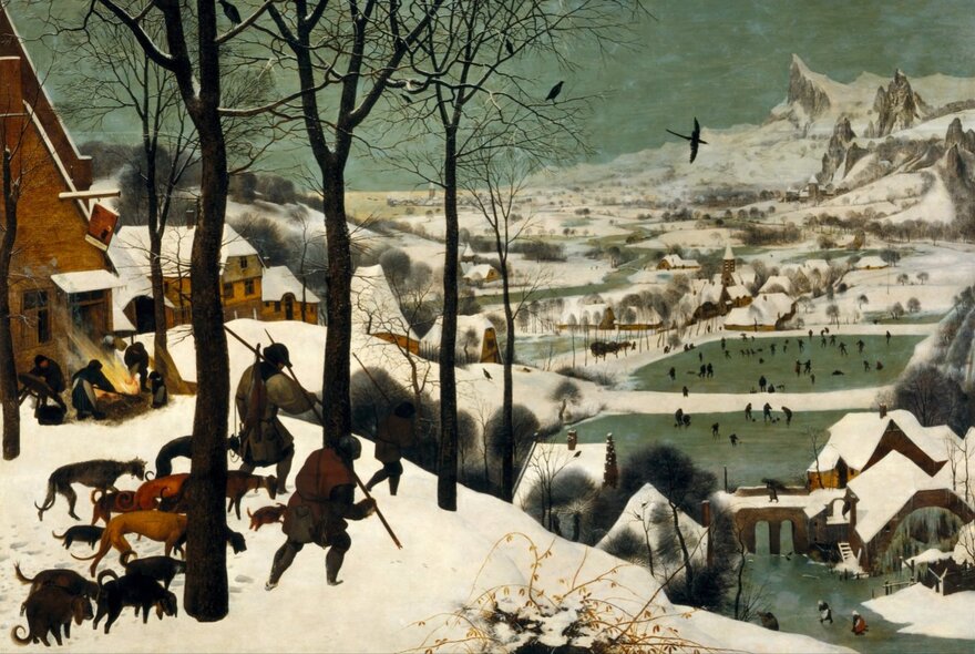 A painting called The Hunters in the Snow by Pieter Bruegel the Elder dating from 1565, depicting a snowy winter landscape with hunters returning from a trip.