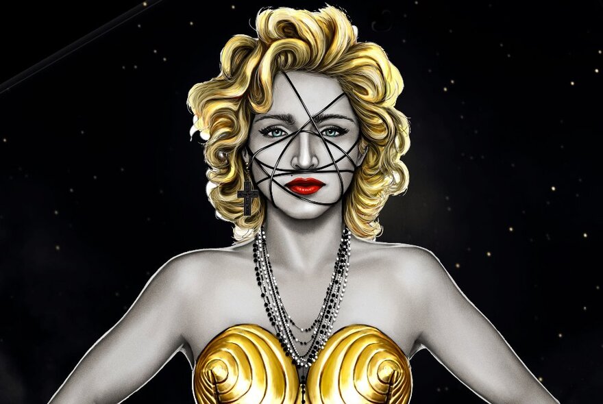 An artistic impression of Madonna, wearing her iconic pointed bra and necklaces, with black lines criss-crossing her face.