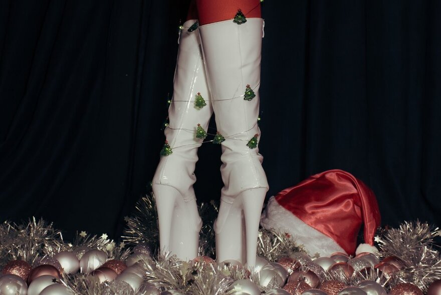 A close up of very high white boots standing on a carpet of Christmas baubles and tinsel, a Santa hat also on the floor. 