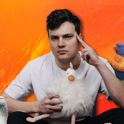 A man with several birds around him and a toy cockatoo on his lap, against a bright orange background. 