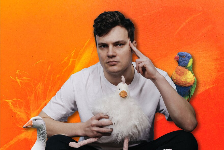A man with several birds around him and a toy cockatoo on his lap, against a bright orange background. 