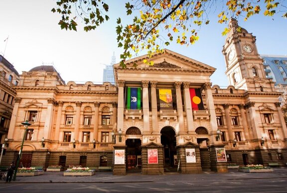 Outside of the Melbourne Town Hall building, as seen from Swanston Street.