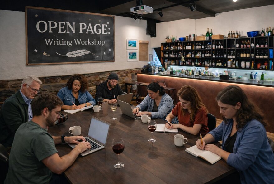 People seated around a large table inside a bar, all writing, a sign on the wall says OPEN PAGE Writing Workshop. 