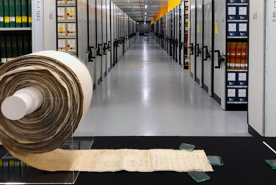 A scroll on display at the Victorian Archives Centre.